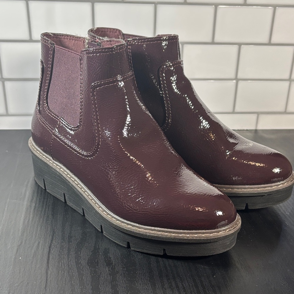 Clarks Shiny Maroon Ankle Booties